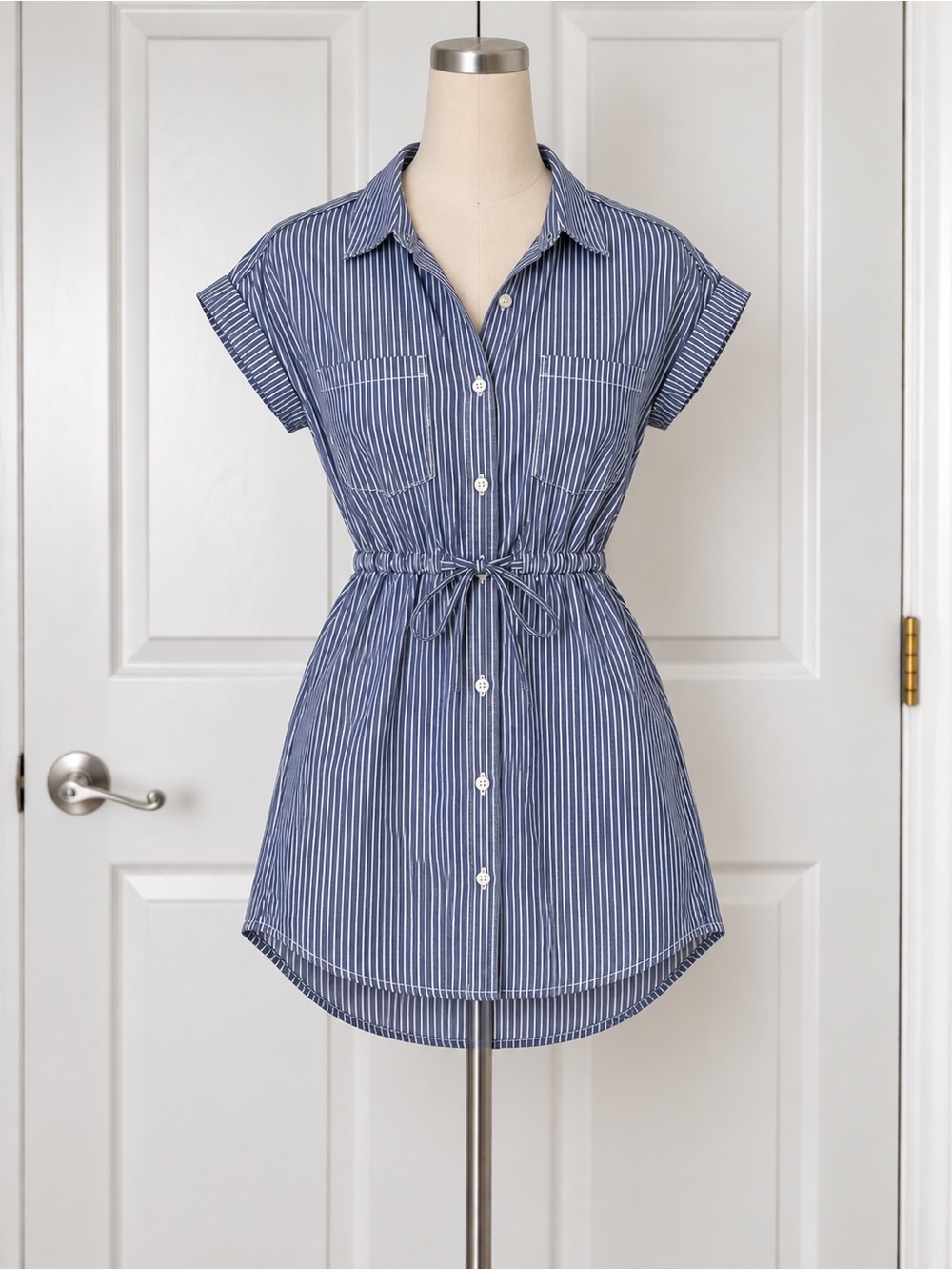 Japna Women’s Blue/White Striped Cotton Dress L Button Front Collared Pockets